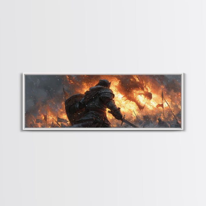 Lone Warrior Before Blazing Battlefield Framed Canvas Print, Dark Fantasy Wall Art, Medieval Battle Decor, Gift For Gamer