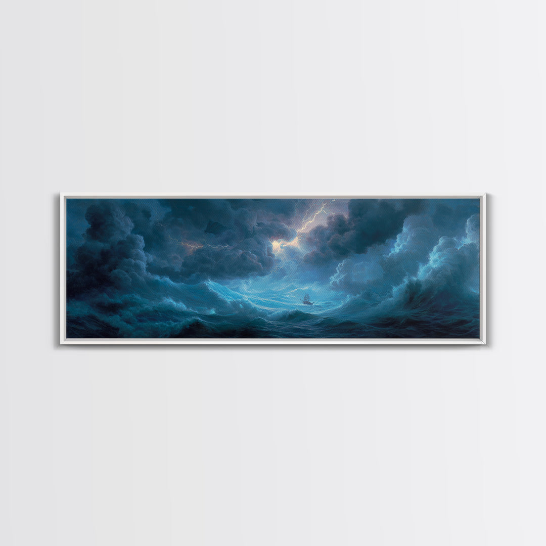 Stormy Ocean Ship Seascape Wall Art, Dramatic Nautical Canvas Print, Blue Coastal Living Room Decor, Moody Sea Gift For Him