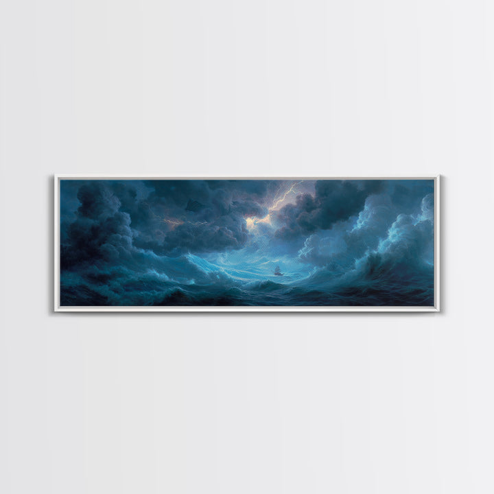 Stormy Ocean Ship Seascape Wall Art, Dramatic Nautical Canvas Print, Blue Coastal Living Room Decor, Moody Sea Gift For Him