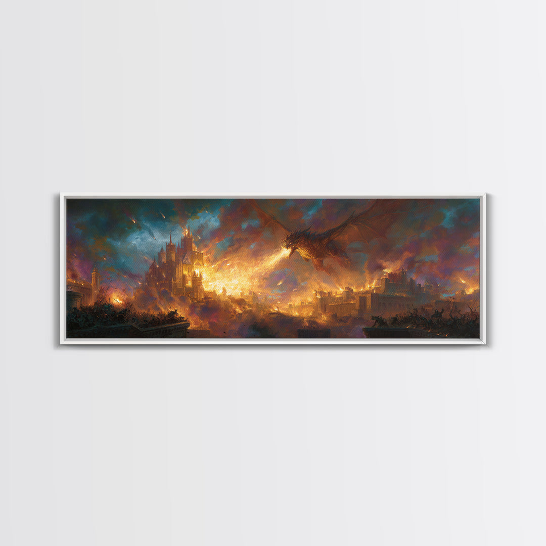 Fire Breathing Dragon Over Burning City Wall Art, Epic Fantasy Canvas Print, Medieval Castle Home Decor, Gamer Gift For Him