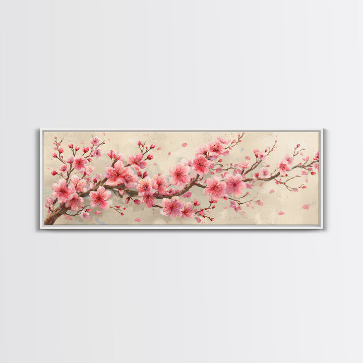 Pink Cherry Blossom Branch Canvas Print, Japanese Spring Wall Art, Botanical Floral Decor, Above Bed Panoramic Artwork Gift