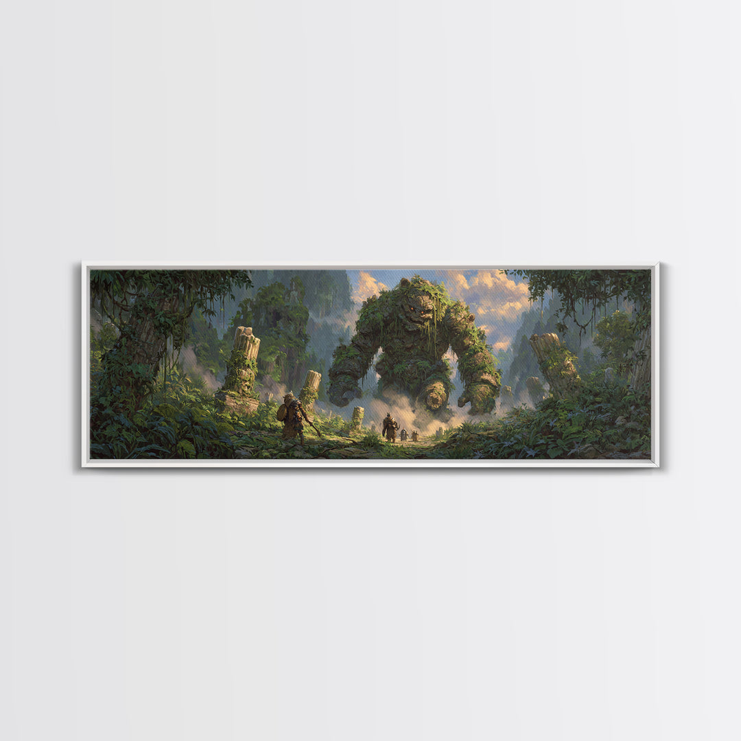Ancient Jungle Golem Ruins With Adventurers Canvas Print, Fantasy Wall Decor, Large Landscape Art, Mythical Home Decor Gift