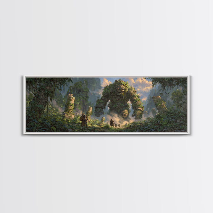 Ancient Jungle Golem Ruins With Adventurers Canvas Print, Fantasy Wall Decor, Large Landscape Art, Mythical Home Decor Gift