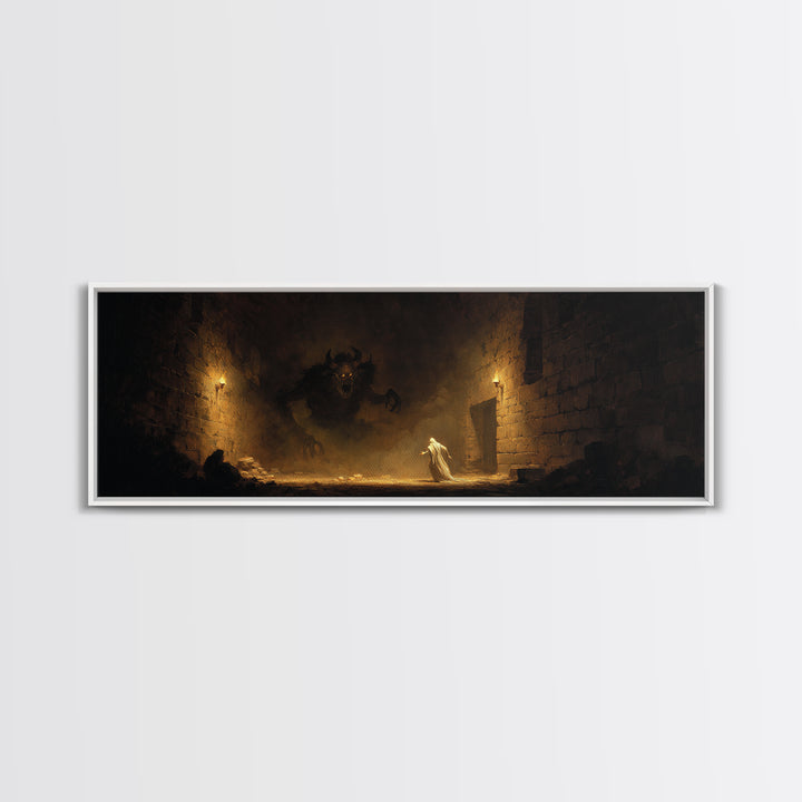 Torchlit Dungeon Minotaur Encounter Framed Canvas Print, Dark Fantasy Wall Art, Gothic Decor, Fantasy Gift For Him, Moody Wall Decor