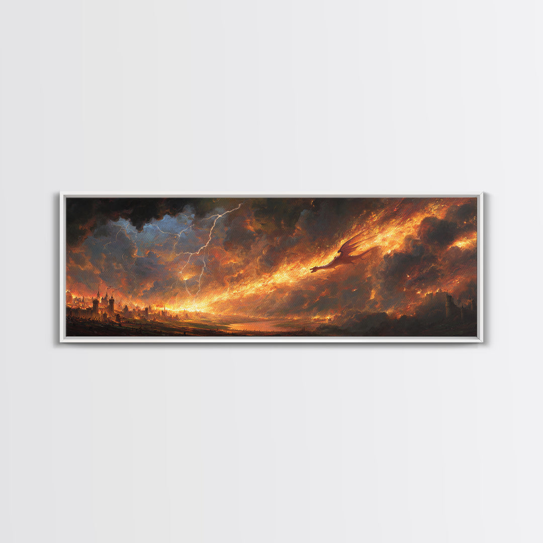 Apocalyptic Fire Dragon Over Burning City Canvas Print, Dark Fantasy Wall Art, Stormy Landscape, Dramatic Game Room Decor