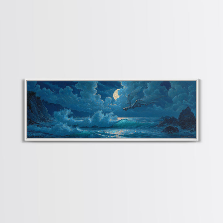 Moonlit Ocean Dragon Above Crashing Waves Canvas Print, Fantasy Wall Art, Nautical Decor, Blue Coastal Seascape Print Gift
