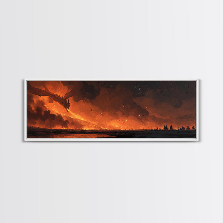 Fiery Dragon Horde Crossing Ashen Battlefield Canvas Print, Dark Fantasy Wall Art, Epic Dragon Art, Gaming Room Decor, Gift