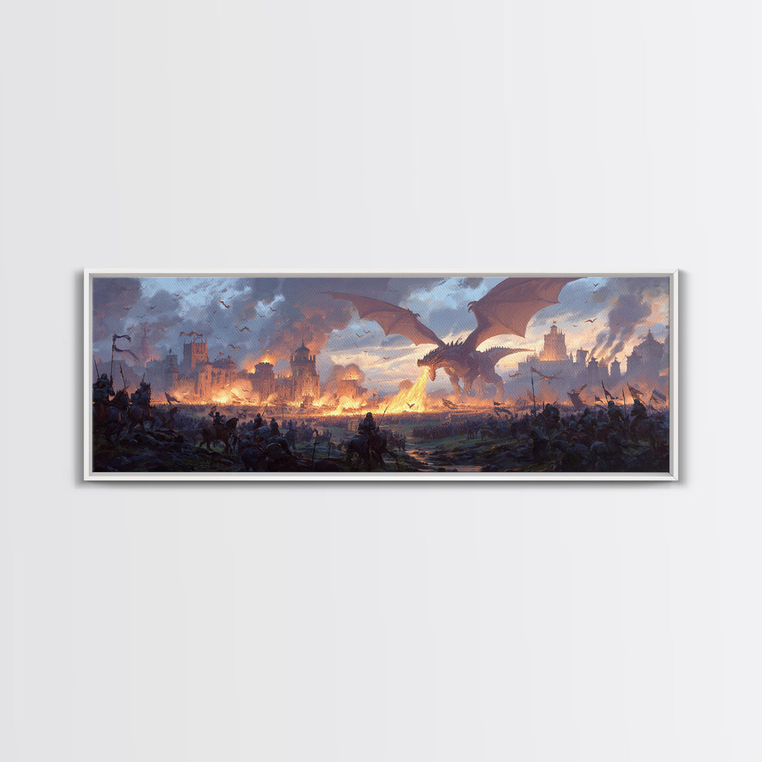 Epic Dragon Siege Over Burning Kingdom Framed Canvas Print, Fantasy Wall Art, Medieval Battle Decor, Game Room Art, Large Wall Decor