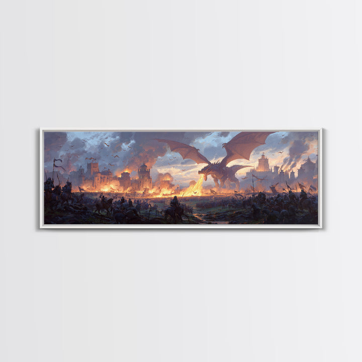 Epic Dragon Siege Over Burning Kingdom Framed Canvas Print, Fantasy Wall Art, Medieval Battle Decor, Game Room Art, Large Wall Decor