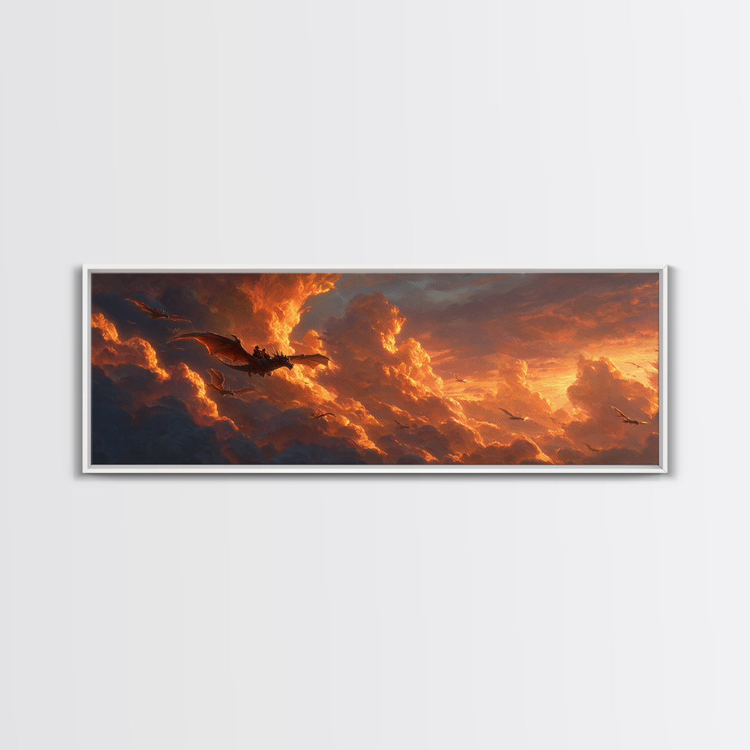 Golden Storm Clouds With Soaring Dragons Canvas Print, Fantasy Wall Art, Sunset Sky Decor, Epic Landscape Art Print, Living Room Decor