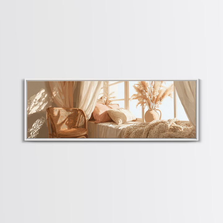 Sunlit Boho Bedroom With Pampas Grass Wall Art, Warm Neutral Above Bed Decor, Cozy Home Decor, Large Horizontal Canvas Print