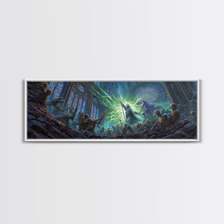 Necromancer Battle In Gothic Cathedral Wall Art, Dark Fantasy Canvas Print, Skeleton Decor, Surreal Magic Art Gift For Him