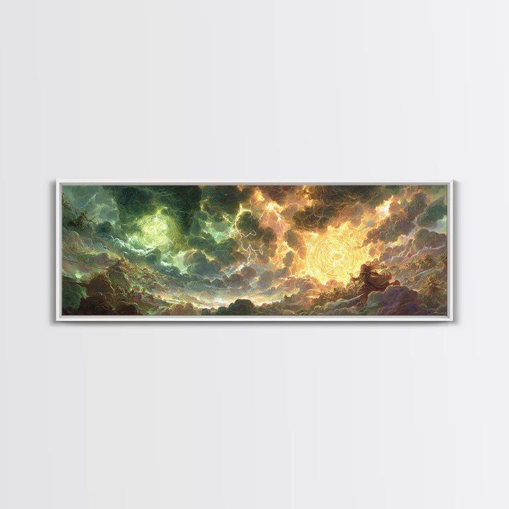 Celestial Storm Kingdom With Golden Light Framed Canvas Print, Fantasy Wall Art, Surreal Landscape Decor, Epic Gift For Him