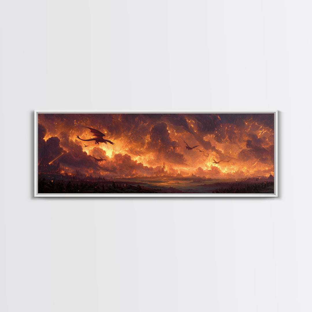 Fiery Dragons Over Apocalyptic Kingdom Framed Canvas Print, Dark Fantasy Wall Art, Epic Dragon Battle Home Decor For Game Room