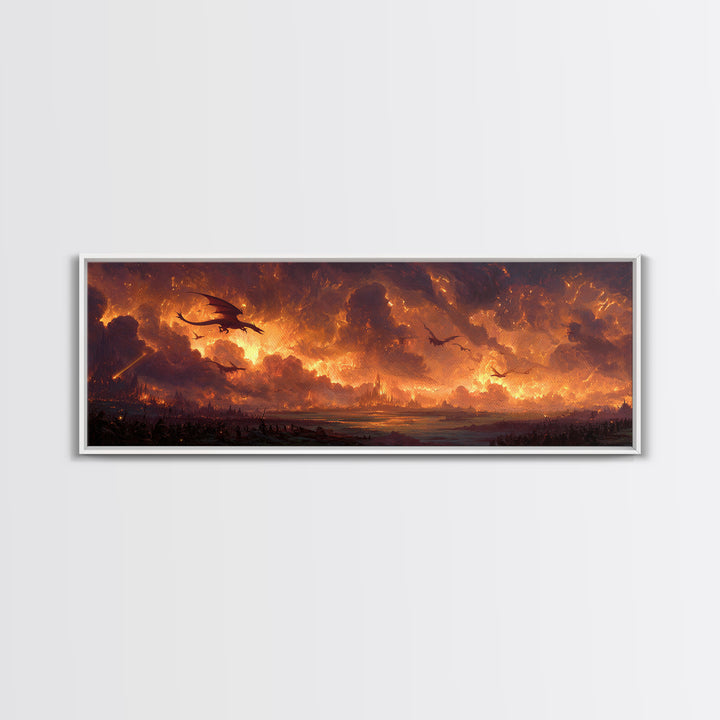 Fiery Dragons Over Apocalyptic Kingdom Framed Canvas Print, Dark Fantasy Wall Art, Epic Dragon Battle Home Decor For Game Room