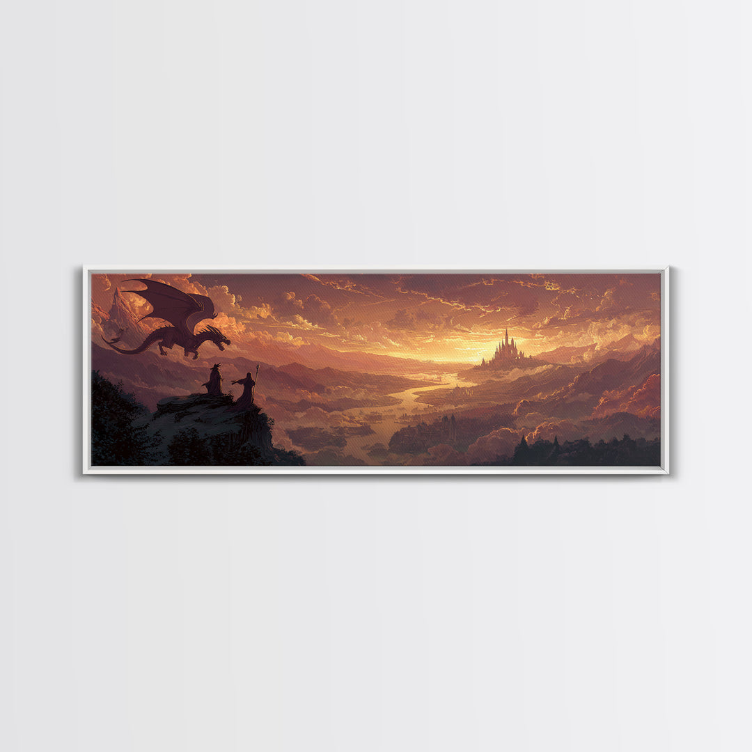Sunset Dragon Watchers Above Golden Valley Canvas Print, Fantasy Landscape Wall Art, Medieval Castle Home Decor Gift For Him