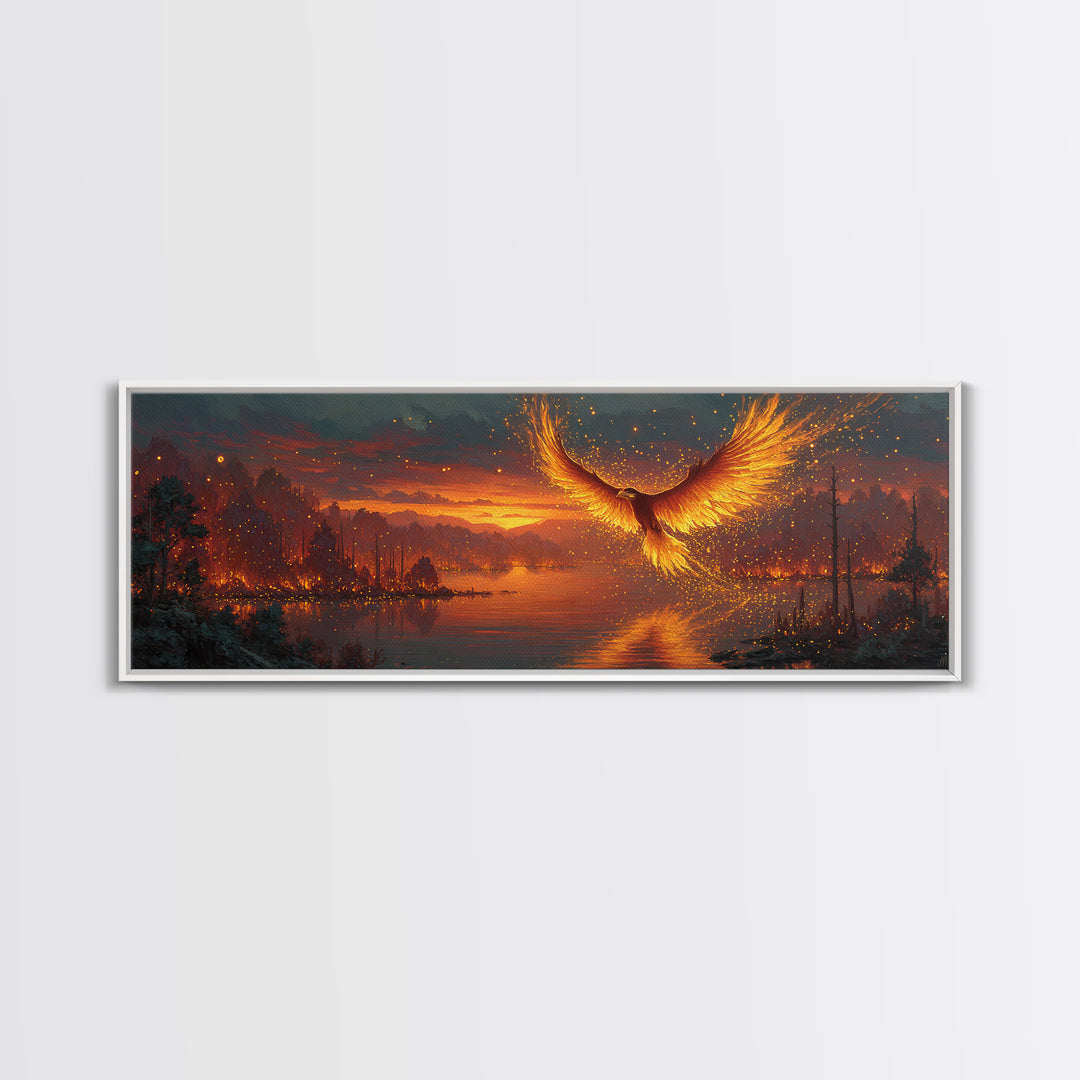 Fiery Phoenix Rising Over Burning Lake Framed Canvas Print, Fantasy Bird Wall Art, Large Vibrant Nature Home Decor Gift For Her