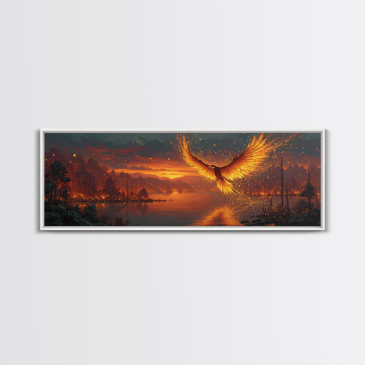 Fiery Phoenix Rising Over Burning Lake Framed Canvas Print, Fantasy Bird Wall Art, Large Vibrant Nature Home Decor Gift For Her