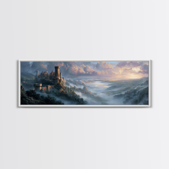 Misty Mountain Castle Above Clouded Valley Framed Canvas Print, Medieval Fantasy Wall Art, Large Landscape Home Decor Gift