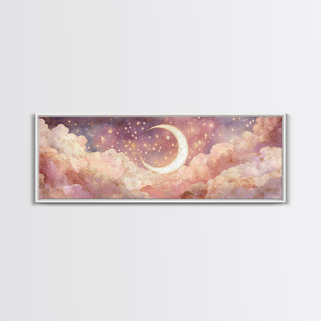Glowing Crescent Moon In Pink Clouds Wall Art, Dreamy Celestial Nursery Decor, Whimsical Bedroom Decor, Framed Canvas Print