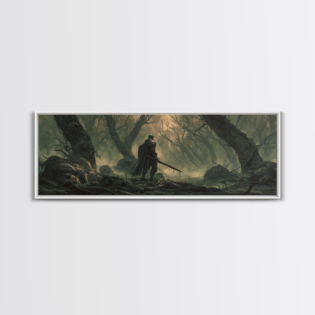 Dramatic Moody Forest Warrior Knight Painting Dark Art Framed Canvas Print Medieval Wall Art Home Decor