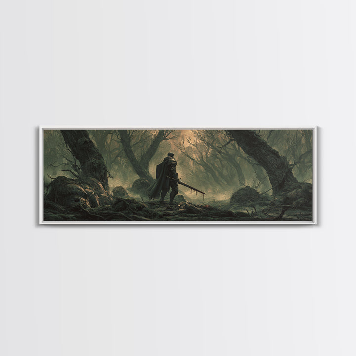 Dramatic Moody Forest Warrior Knight Painting Dark Art Framed Canvas Print Medieval Wall Art Home Decor