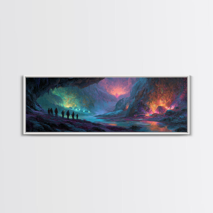 Mystical Illuminated Cave Explorers Awesome Fantasy Landscape Artwork Canvas Print Wall Art For Unique Home Decor