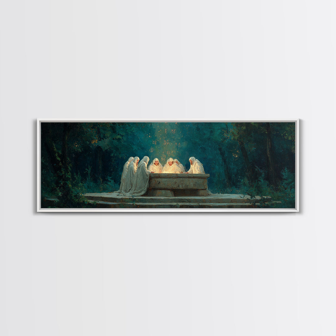 Spiritual Gathering Of Monks Around Glowing Stone Altar Framed Canvas Print