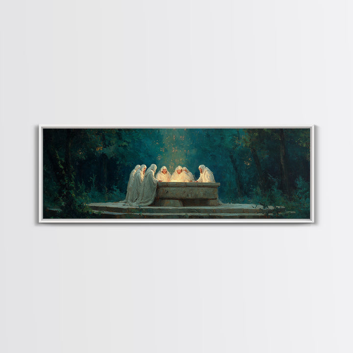 Spiritual Gathering Of Monks Around Glowing Stone Altar Framed Canvas Print