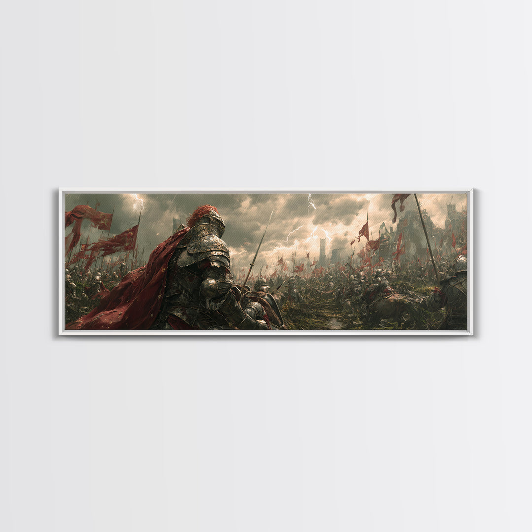 Armored Knight On Stormy Battlefield Framed Canvas Print, Medieval Fantasy Wall Art, Warrior Decor, Gift For Him, Man Cave Decor