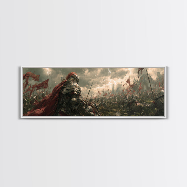 Armored Knight On Stormy Battlefield Framed Canvas Print, Medieval Fantasy Wall Art, Warrior Decor, Gift For Him, Man Cave Decor