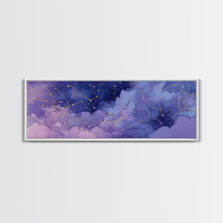 Purple Night Sky With Gold Constellations Wall Art, Celestial Wall Decor, Astronomy Art Print, Large Horizontal Canvas Print