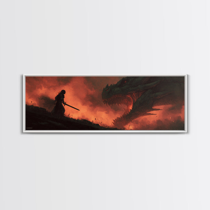 Epic Battle Between Warrior And Dragon Fantasy Painting Wall Art Print Framed Canvas Print For Living Room Home Decor