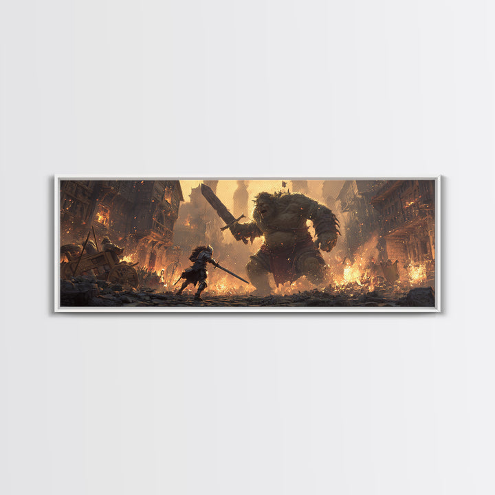 Fantasy Art Scene Of Knight Fighting Giant Ogre In Burning Medieval Town Wall Art Framed Canvas Print
