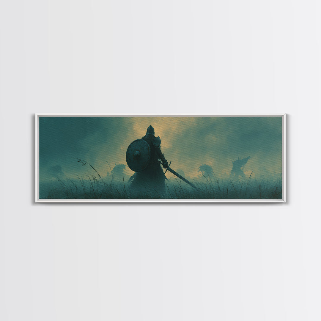 Brave Knight Standing Before Shadowy Dragon Figures Surrounded By Fog Canvas Print Large Wall Art For Dark Fantasy Decor