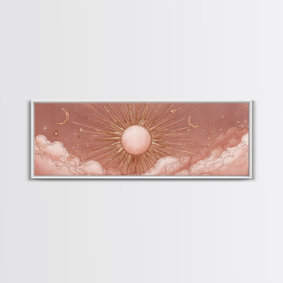 Rose Gold Sun And Twin Moons Wall Art, Celestial Wall Decor, Boho Bedroom Decor, Mystical Large Horizontal Framed Canvas Print