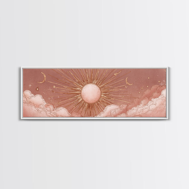 Rose Gold Sun And Twin Moons Wall Art, Celestial Wall Decor, Boho Bedroom Decor, Mystical Large Horizontal Framed Canvas Print