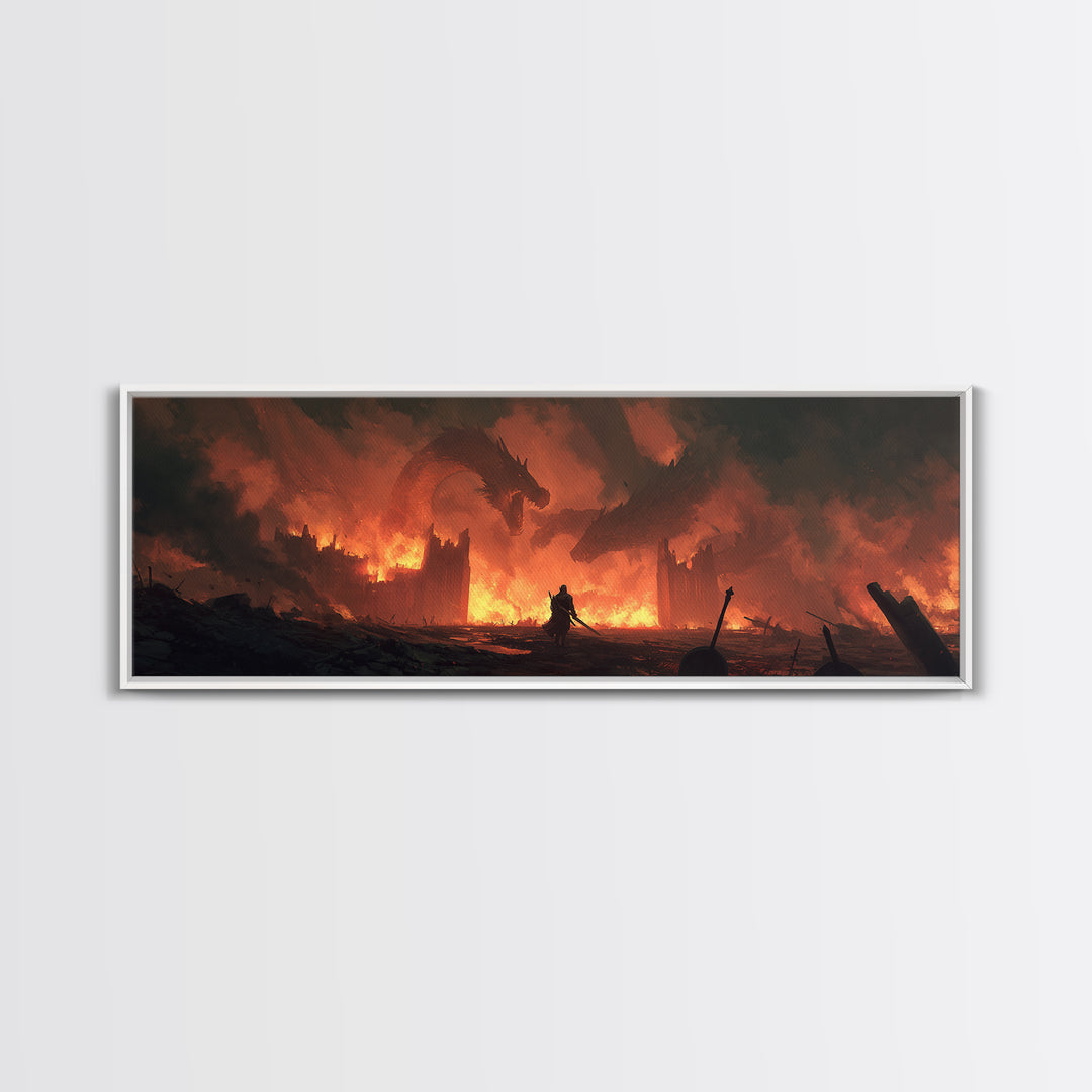 Epic Fantasy Warrior In Fiery Castle With Dragons Wall Art Canvas Print For Game Room Or Bedroom Decor