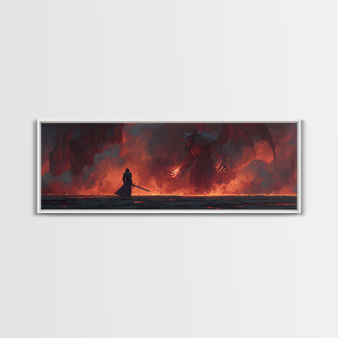Heroic Fantasy Knight Facing Fiery Demon In Epic Battle Scene Wall Art Framed Canvas Print For Game Room, Bedroom, Or Fantasy Art Collectors Gift