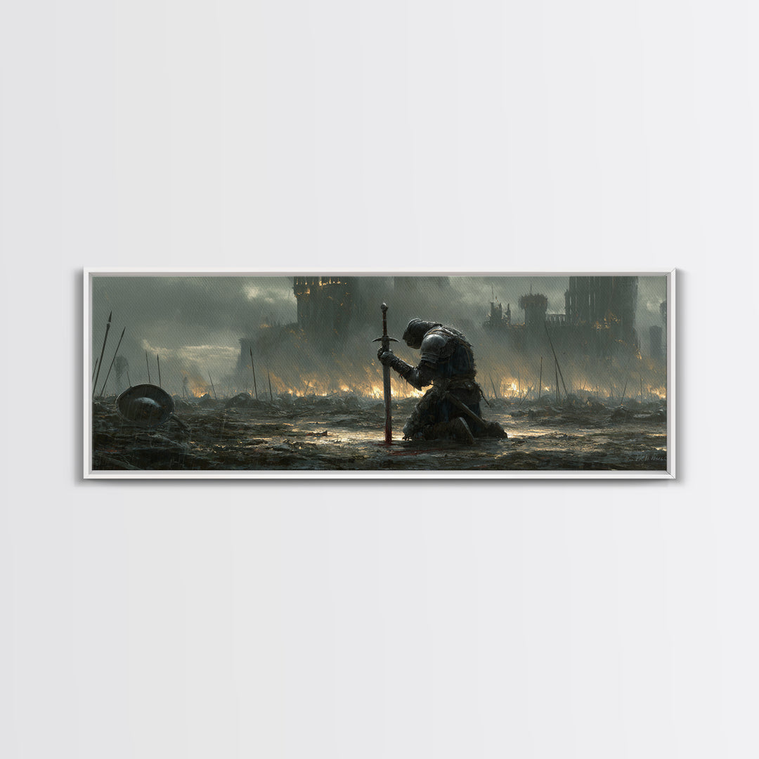 Medieval Knight Kneeling On Battlefield In Rain With Flaming Castle Background Dramatic Wall Art Canvas Print