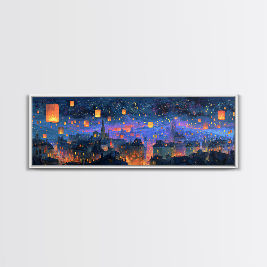 Magical City Skyline With Floating Lanterns And Twinkling Stars Wall Art For Home
