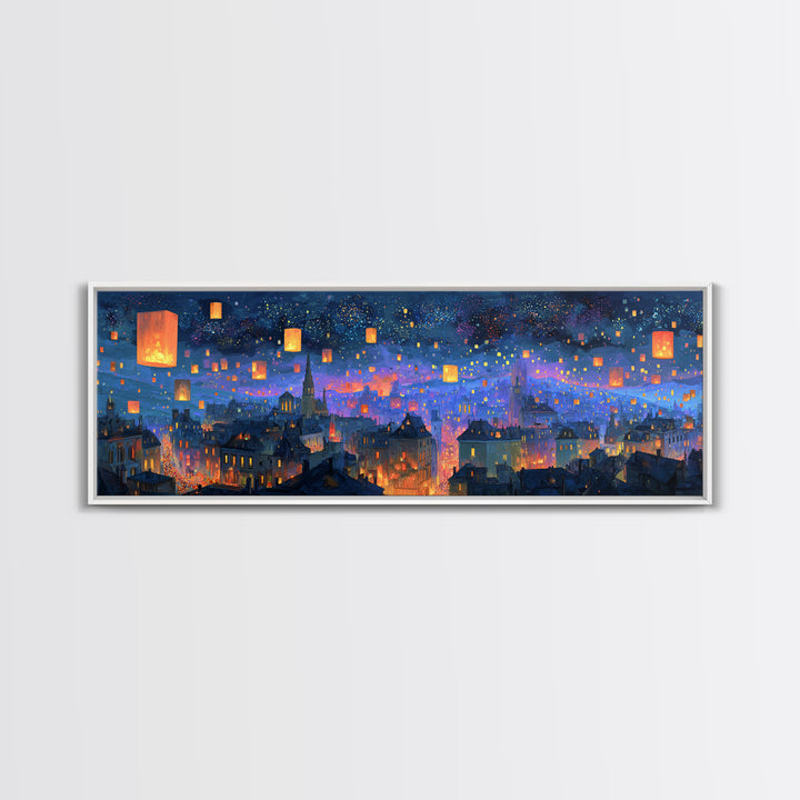 Magical City Skyline With Floating Lanterns And Twinkling Stars Wall Art For Home