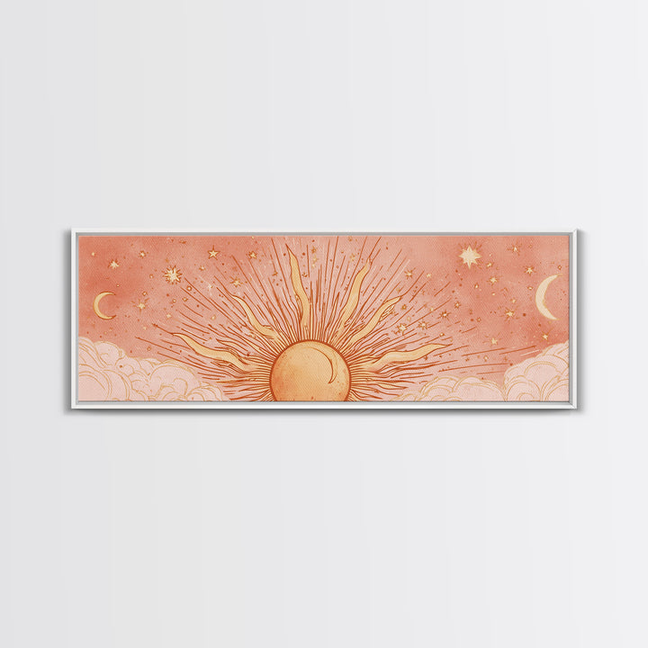 Radiant Orange Sun With Crescent Moons Wall Art, Celestial Wall Decor, Boho Sun And Moon Art, Large Horizontal Canvas Print