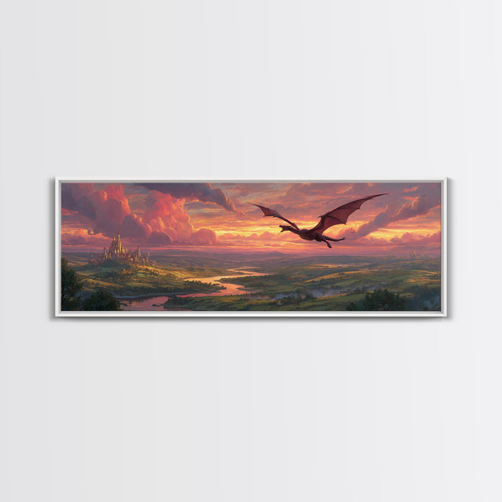 Epic Fantasy Landscape Painting Of A Castle On Hill With A Flying Dragon Under Dramatic Sunset Skies Wall Art