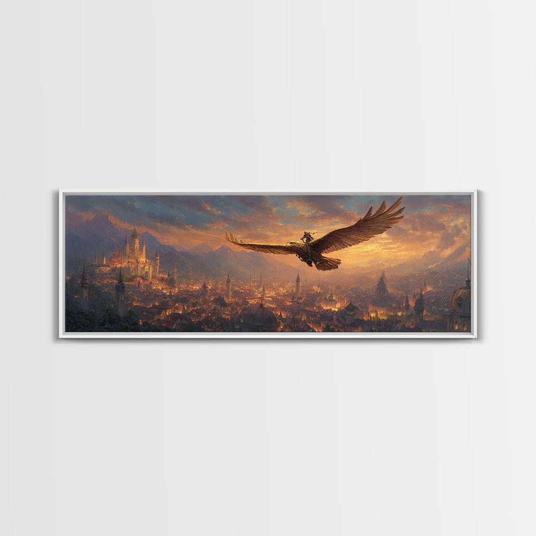 Majestic Castle Landscape With Giant Eagle And Rider At Sunrise Canvas Print Modern Wall Art For Living Room Decor