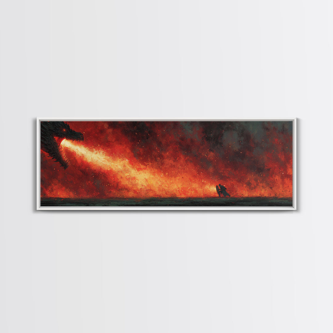 Epic Fantasy Dragon Breathing Fire At Warrior In Armor Wall Art Canvas Print Dramatic Mythical Battle Scene For Game Room Or Man Cave Home Decor