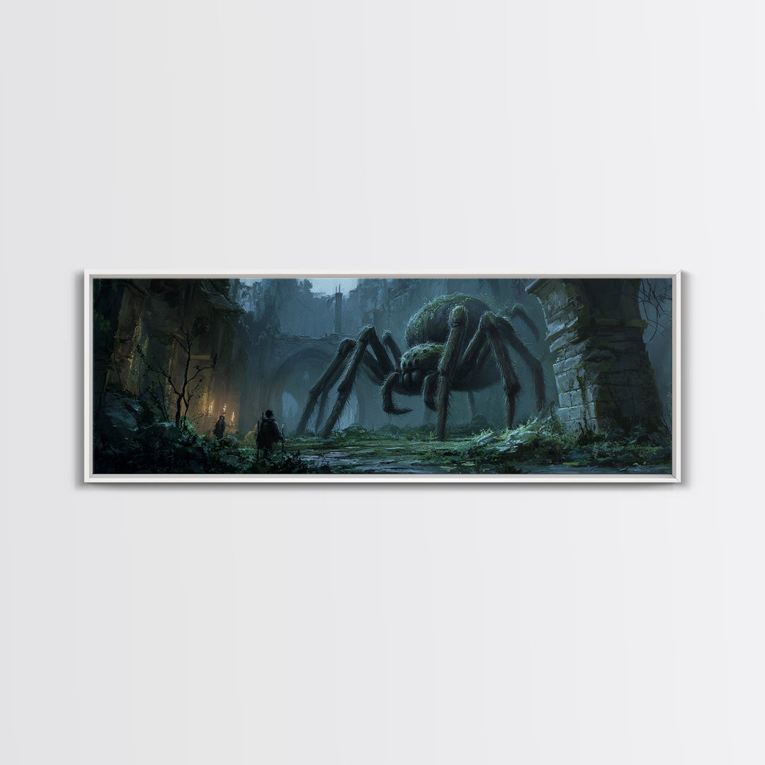 Giant Spider In Ancient Ruins With Adventurers, Dark Fantasy Illustration Wall Art Print, Framed Canvas Print For Gothic And Fantasy Decor