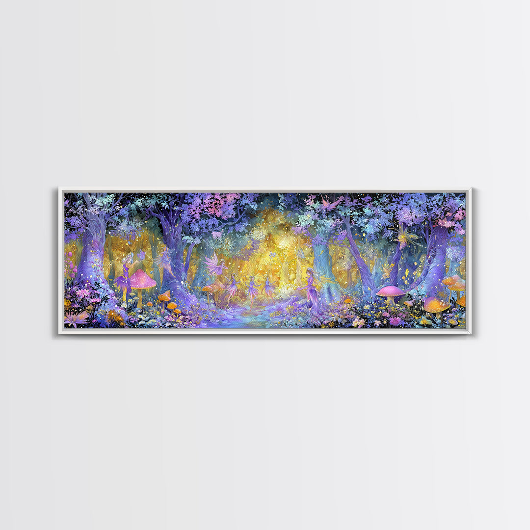 Enchanting Forest Fairy Dance With Magical Mushrooms And Glowing Lights Whimsical Wall Art Framed Canvas Print