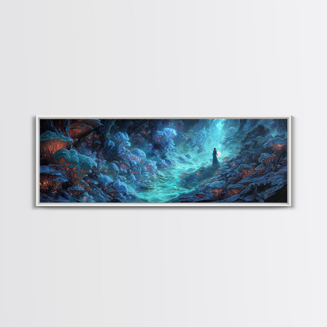 Surreal Fantasy Glowing Cave With Blue Mushroom Forest Wall Art Canvas Print For Mystical Decor And Unique Gift Ideas