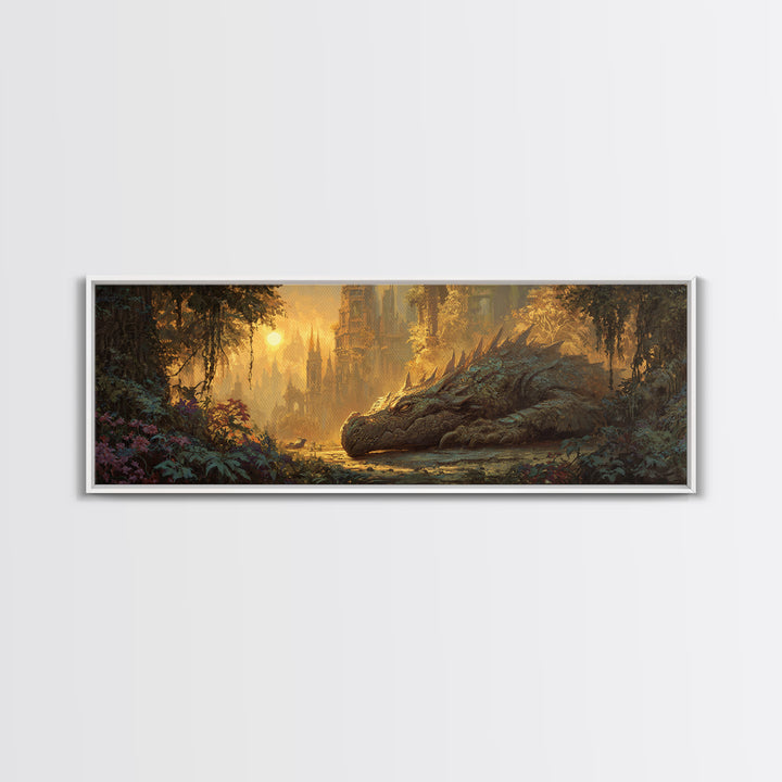 Fantasy Dragon Resting Peacefully In Enchanted Forest With Castle - Magical Fantasy Wall Art Canvas Print For Unique Home Decor